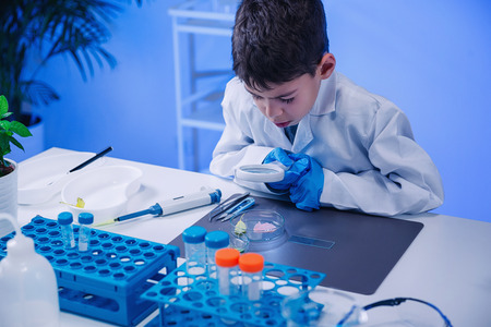 Schoolboy using lab equipmentの写真素材