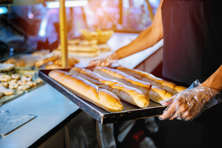 Hands of female baker holding baking tray with freshly baked baguette.の写真素材