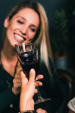 Red Wine Toasting. Female Friends Toasting With Red Wine, Having Fun.の写真素材
