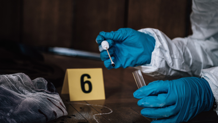 Forensic Investigator collecting blood evidence from a crime sceneの写真素材