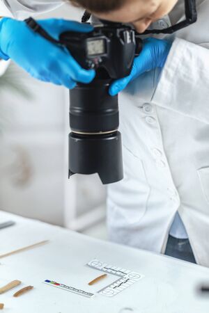 Young archaeology researchers document lithics with camera in laboratory.の写真素材