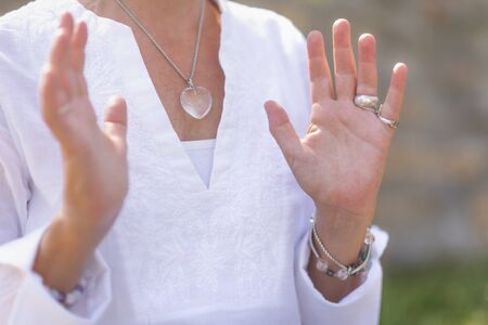 Wellbeing Coach, Middle Aged Woman Practicing Mindful Acceptance Meditation. Positive Mindset...