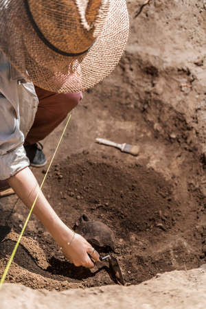Archaeologist digging with hand trowel, recovering ancient pottery object from an archaeological site.の写真素材