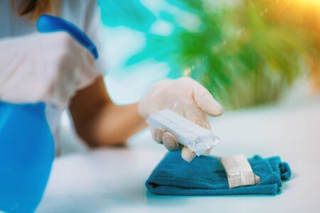 Disinfecting Packaged Food Products. Woman Disinfecting Food Products with Wipes and Alcohol based disinfectantの写真素材