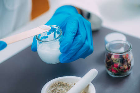 Natural Cosmetics. Preparing Beauty Cream in Labの写真素材