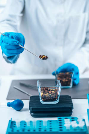 Pet food quality control. Measuring dry pet food kibble on digital scale