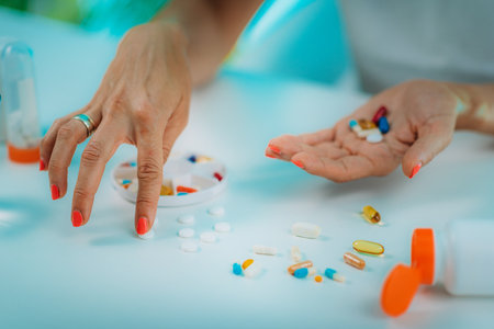 Female patient failing to follow medical advice, demonstrating prescribed medicine non-adherence behavior.の写真素材