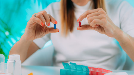 Female patient failing to follow medical advice, demonstrating prescribed medicine non-adherence behavior.の写真素材