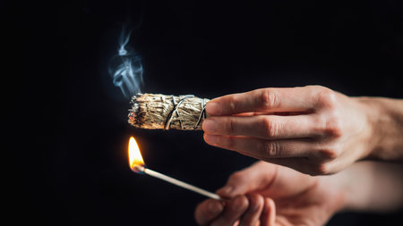 Burning a sage smudge stick for smudging or space cleansing ceremony, black backgroundの写真素材