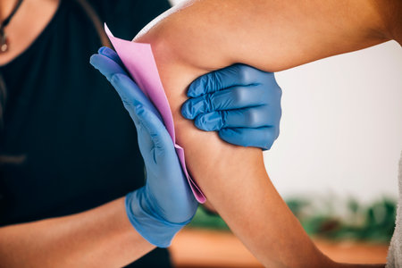 Waxing arms. Beautician removing unwanted hair from female arm with wax strips in a beauty salon.