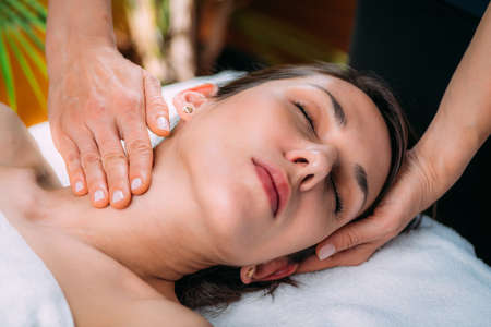 CST or craniosacral therapy head massage close-upの写真素材