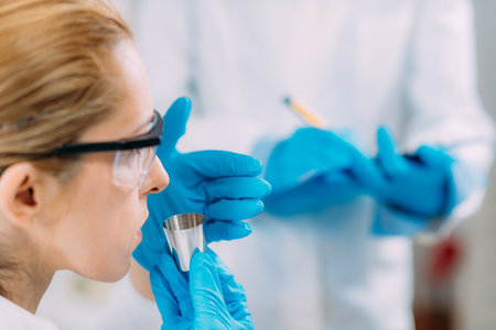 Female Scientists Smelling a Sample in the Test Cup.