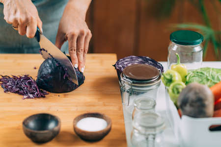 Fermentation process. Woman preparing vegetables for fermentation at home. Cutting red cabbage.の写真素材