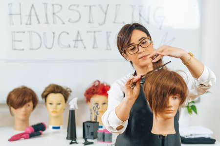 Hairdresser educator with students, explaining hair cutting technique on mannequin head for trainingの写真素材