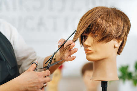 Haircutting Education - Hairstylist explaining haircutting techniques to studentsの写真素材
