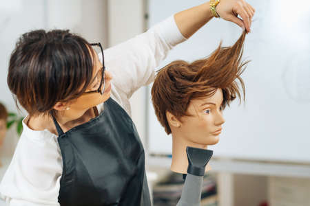 Hairstylist with the hair dryer in hands explaining hairstyling techniques using mannequin headの写真素材