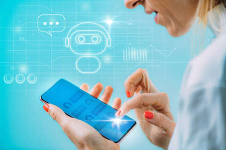 Chatbot - digital robot assistant helping a customer. Image enhanced with futuristic graphics.