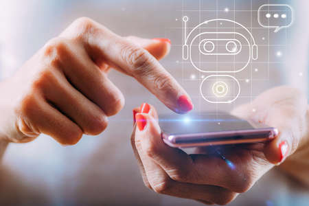 Chatbot offers automated customer support. Image enhanced with graphic detailsの写真素材