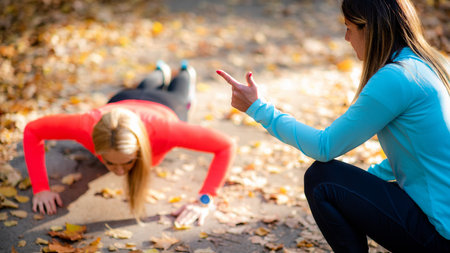 Woman Doing Push-ups, Personal Fitness Trainer Counting During Training in the Park.