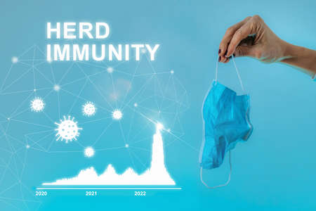 Herd immunity, conceptual digital image with a graph showing reduction in covid cases, corona virus particles  and a hand holding a crumpled protective face maskの写真素材