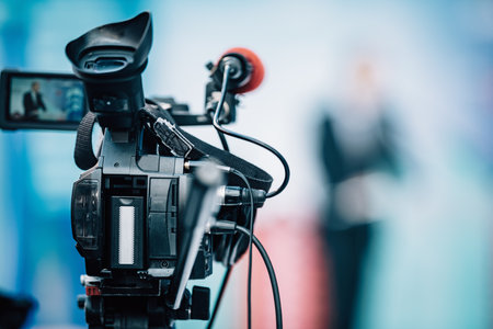 Camera recording at a press conference. Live streaming.の写真素材