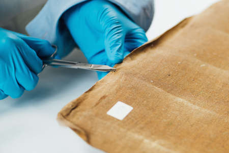 Professional conservator removing the dirt from reverse side of the antique oil painting canvasの写真素材