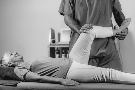 Physical Therapist Working with Leg. Senior Womanの写真素材