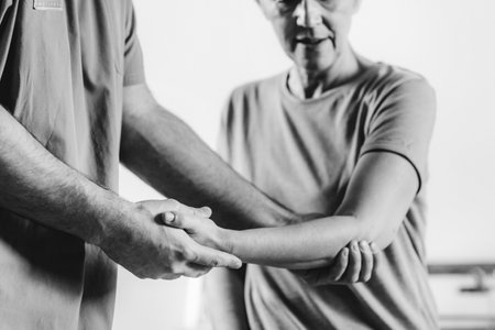 Therapist Checking Senior Womanâs Arm in Physical Therapy Officeの写真素材