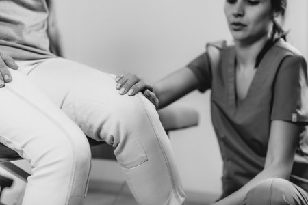 Physical Therapist Working with Leg. Senior Womanの写真素材