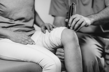 Laser Physical Therapy. Physical Therapist Treating Senior Woman's Kneeの写真素材