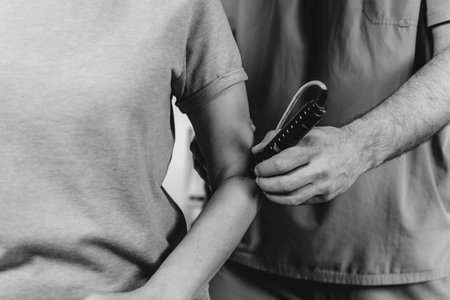 Laser Physical Therapy. Physical Therapist Treating Senior Woman's Elbow in a Clinicの写真素材