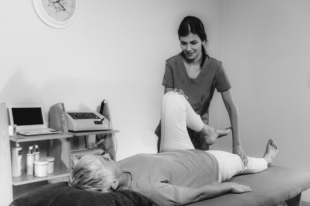 Physical Therapist Working with Leg. Senior Womanの写真素材