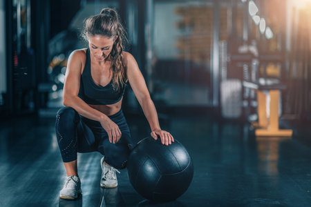 Female athlete exercising with Wall Ball.の写真素材