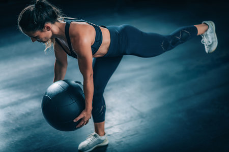 Female athlete exercising with Wall Ball.の写真素材