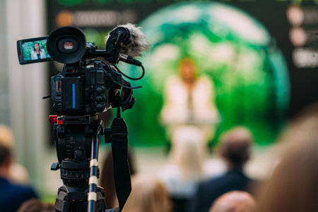 TV Camera at a Green Energy Public Media Eventの写真素材
