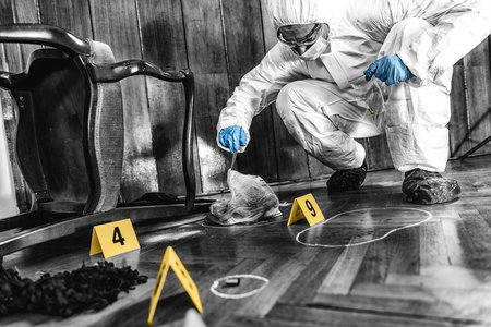 Forensic Investigator Collecting Crime Scene Evidenceの写真素材