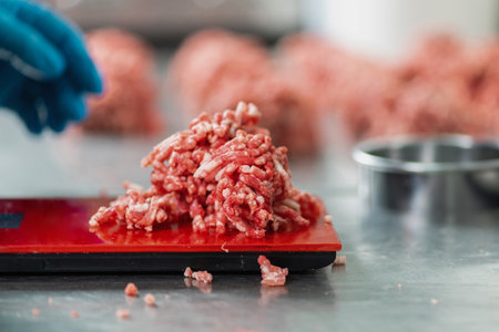 Measuring minced beef meat for burger preparation in a commercial kitchenの写真素材