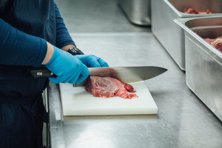 Cutting fresh raw beef red meat with knife on a cutting board, wearing protective gloves.の写真素材