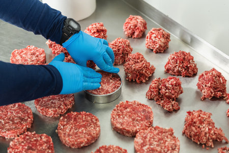 Chef preparing burger patties using ring mold in a large restaurantの写真素材