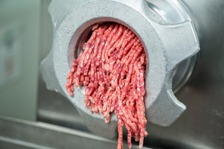 Meat grinder with minced red beef meat in a large restaurant, close upの写真素材