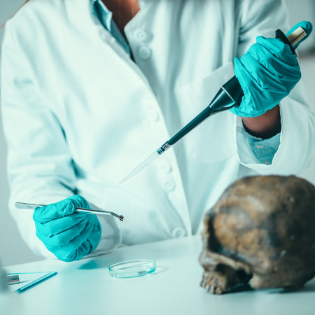 Forensic Science in Lab. Forensic Scientist examining skull with evidencesの写真素材