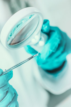 Forensic Science in Lab. Forensic Scientist examining haor with DNK evidencesの写真素材