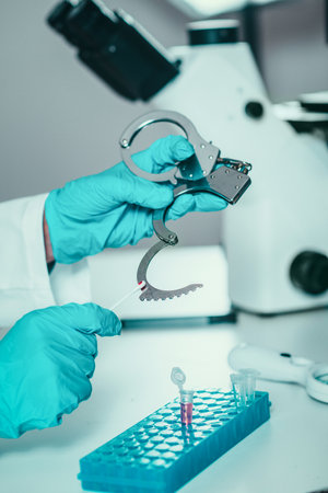 Forensic Science in Lab. Forensic Scientist examining handcuff with evidencesの写真素材