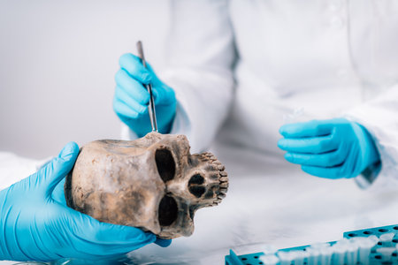 Bioarcheology. Young female archaeologist analyzing human skull in ancient DNA laboratory.の写真素材