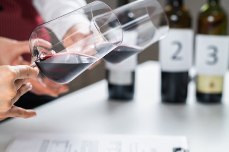 Red wine tasting. Participants compare the colors of different red wines in a wine tasting event, learning to identify the wine's age, grape varietal, and other key details based on hue.の写真素材