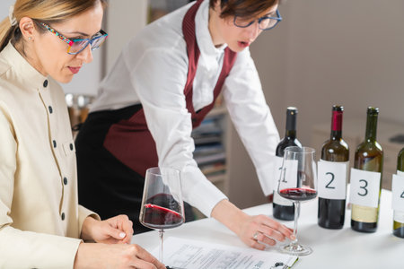 Blind wine tasting, identifying different types of wines. Participants taste and identify different types of wines during a blind tasting, learning to identify the characteristics of various grape varietals.の写真素材