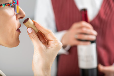 Wine tasting sensory analysis and evaluation. Wine education trainees evaluate the aroma, taste, and...