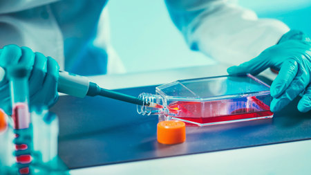 Biotechnology engineer inspecting cell culture flask