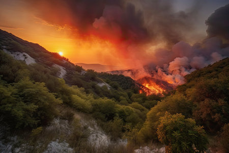 Massive wildfires ravage forests, smoke and flames rise from the hills. Generative AI.の素材