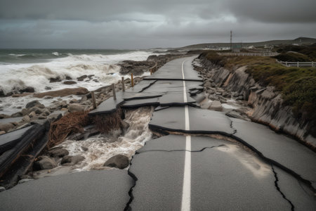 El Nino related storm surge destroys coastal road. A powerful storm surge battering a coastal road, causing significant damage and erosion. Generative AIの素材